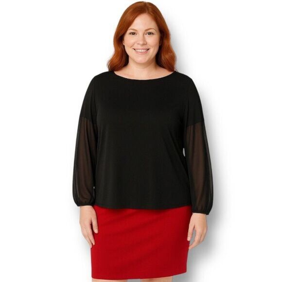Antthony 1X Black Blouse Sheer Mesh Sleeve Minimalist Office Career Evening NWOT - Picture 1 of 7